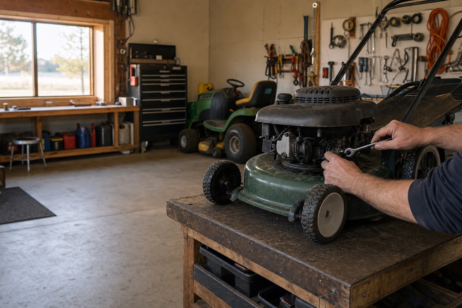 Hands repairing a push mower engine in a small local workshop